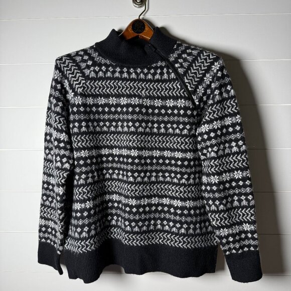 Lou & Grey Size L Fair Isle Long-Sleeved Mock Turtleneck Pullover Black & White - Picture 7 of 8